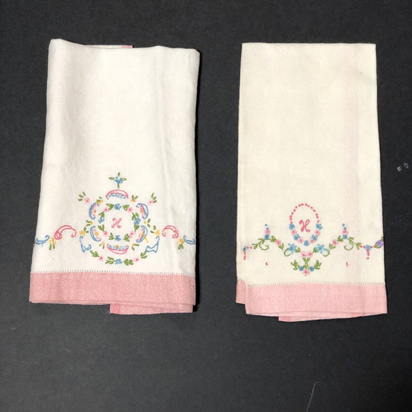 Vintage Other - Vintage Tea Towel Set Monogram H K X Embroidered Tiny Flowers Pink Blue